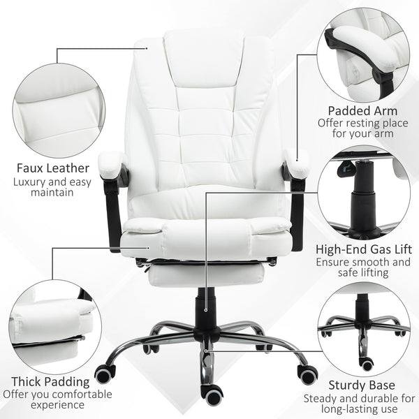 Fauteuil de bureau à dossier haut en cuir synthétique avec repose-pieds rétractable et accoudoirs rembourrés, blanche