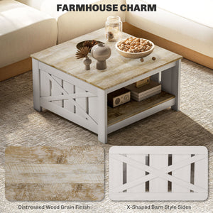 Table basse carrée à deux niveaux style farmhouse, chêne vieilli et marron