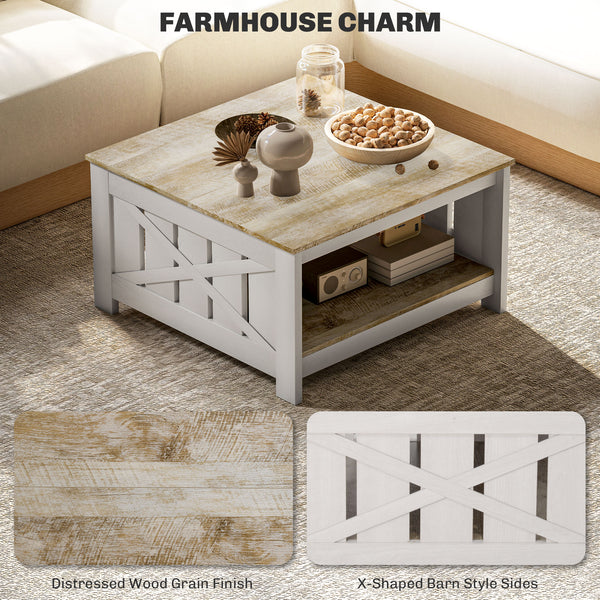 Table basse carrée à deux niveaux style farmhouse, chêne vieilli et marron