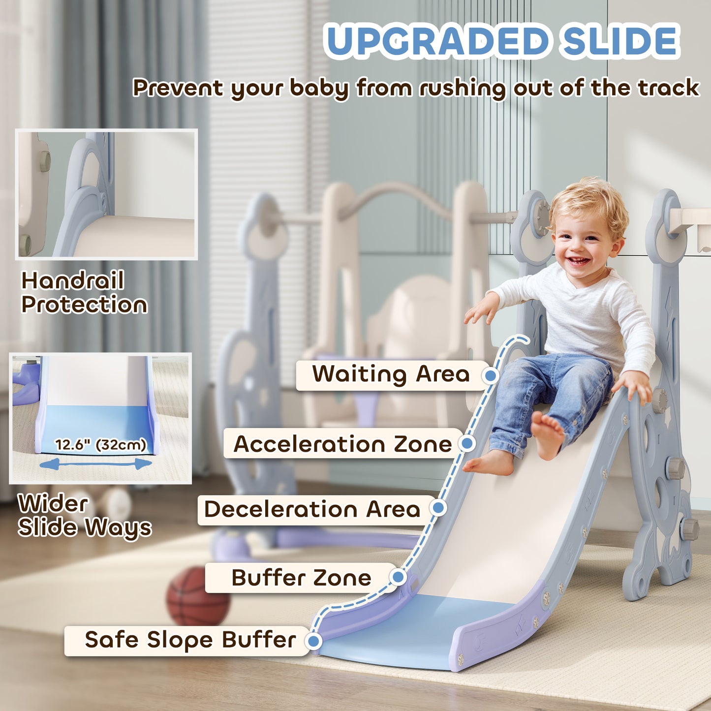 4-in-1 Slide and Swing Set with Basketball Hoop and Climber, for Boys and Girls Ages 1.5-4, Rocket Theme, Light Blue