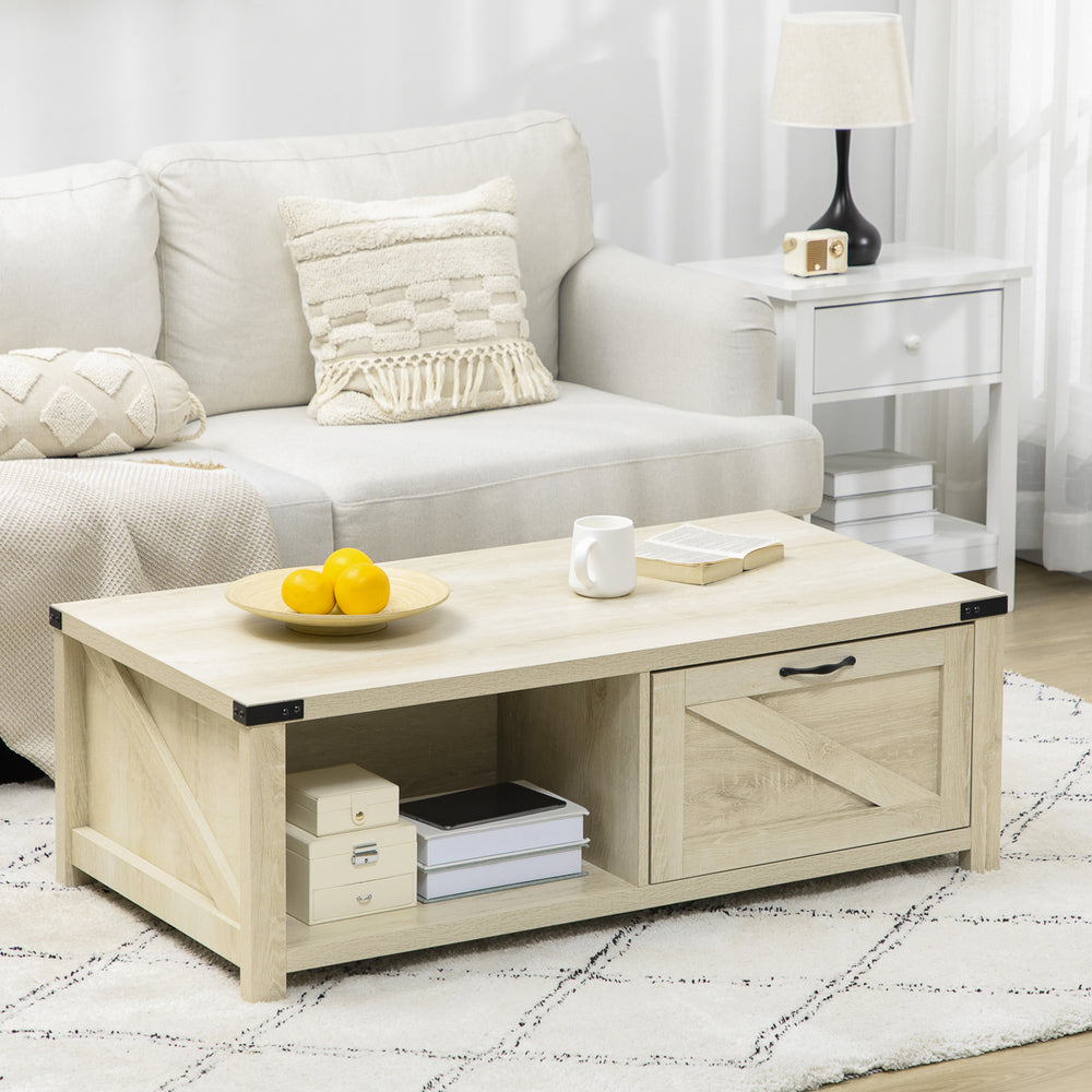 Table basse industrielle avec tiroir en chêne blanc
