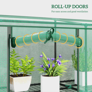 Lean-to greenhouse with 3 tiered shelves and 3 roll-up doors