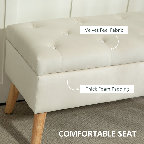 Pouf de rangement avec couvercle rembourré en velours et pieds en bois, blanc crème