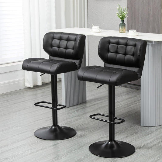 Set of 2 Adjustable Faux Leather Swivel Bar Stools with Footrest, Black