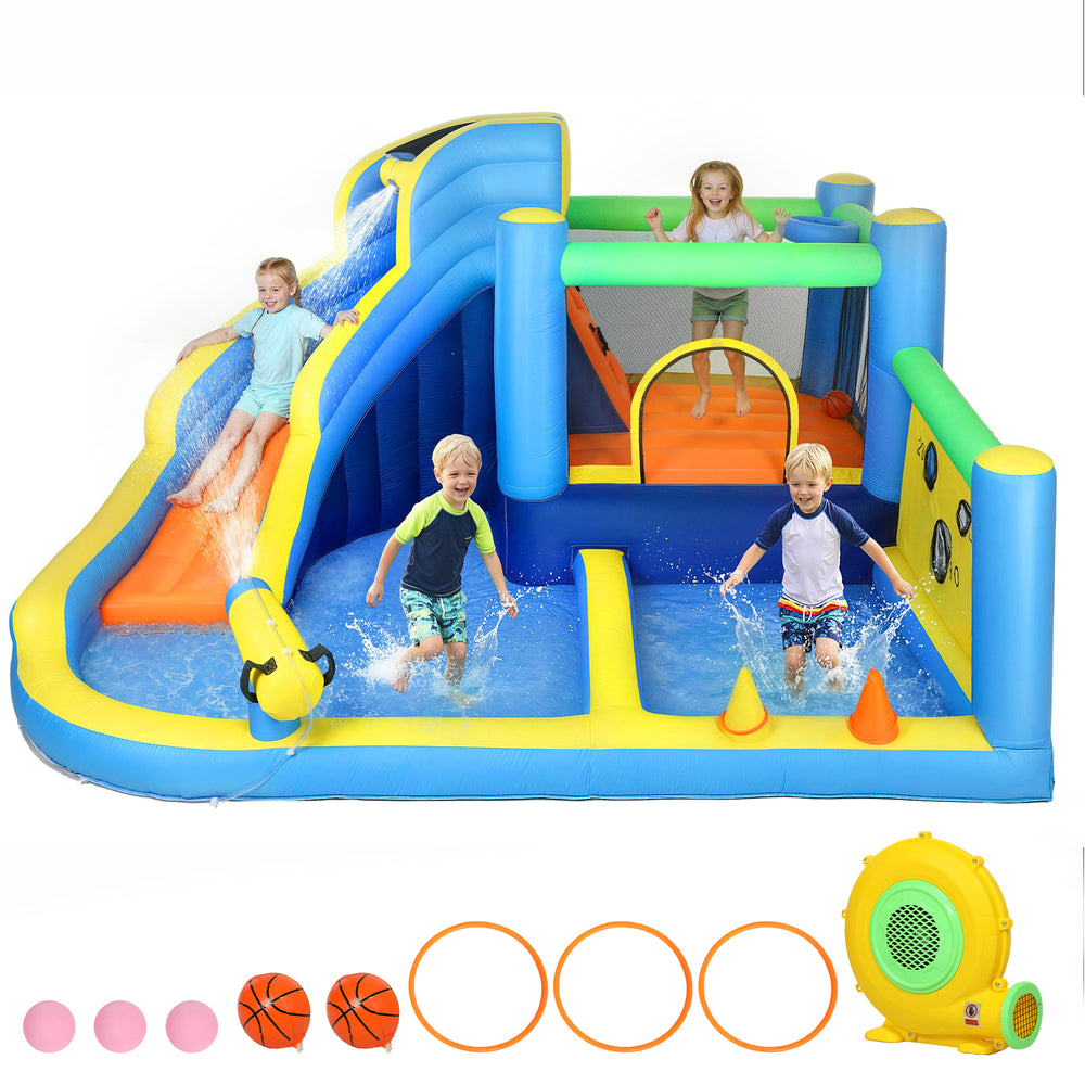 Inflatable bouncy castle for children with slide, ball pit, ball thrower and blower