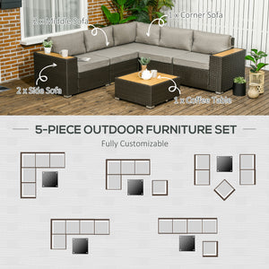 6 Pieces Outdoor Rattan Patio Furniture Set with Corner Sofa, Wood-Plastic Coffee Table, Light Grey