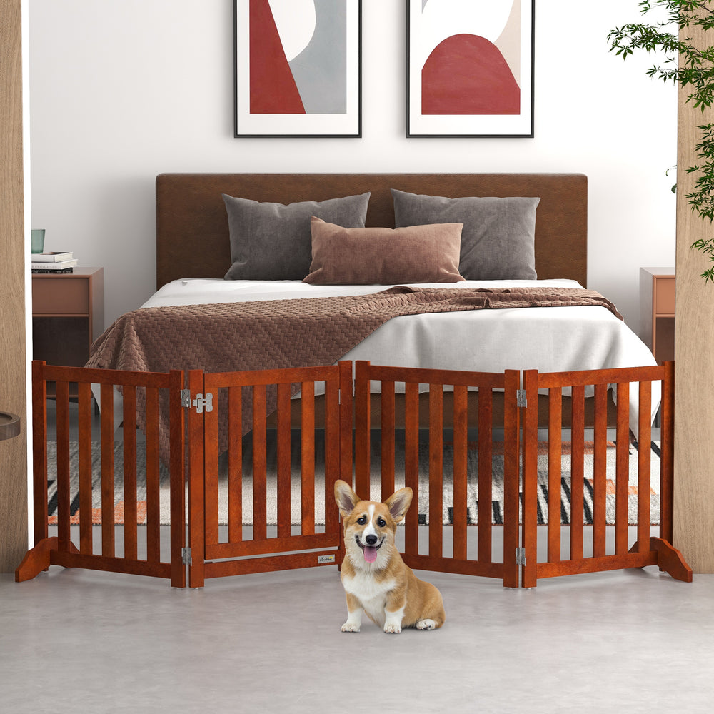Foldable dog gate with door, 4 panels, brown