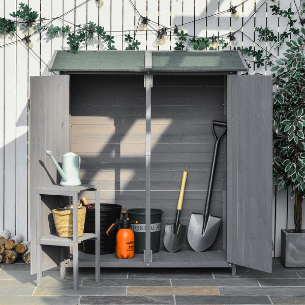 Abri de jardin avec toit en asphalte, double porte en bois, étagère, vert et gris