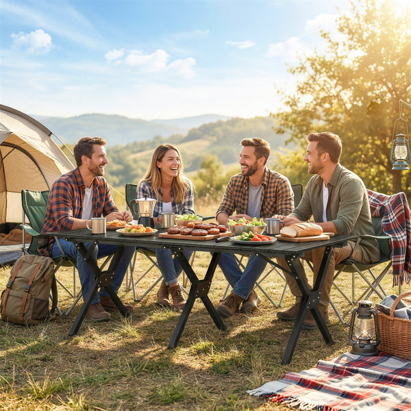 Table de camping pliante imperméable avec plateau enroulable et structure en métal, noire