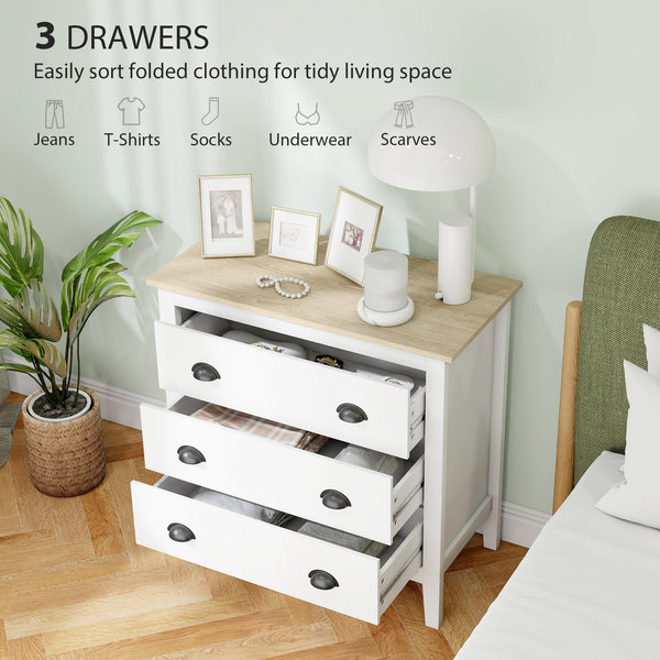 Commode avec glissières silencieuses à 3 tiroirs pour chambre, blanche