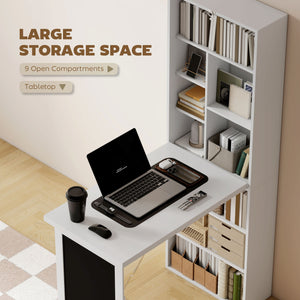 Bureau d'ordinateur mural pliable et convertible avec tableau noir et étagère latérale, blanc