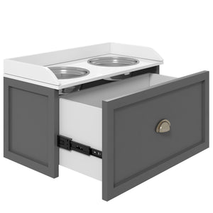 Raised bowls with storage drawer with 2 stainless steel bowls, gray