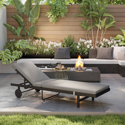 Outsunny Synthetic Rattan Garden Lounge Chair with 5-Level Adjustable Backrest, Castors and Cushion, Grey