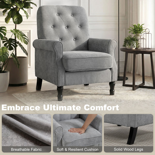 Mid-century modern accent chair with thick padded seat, spring cushion, solid wood legs, gray