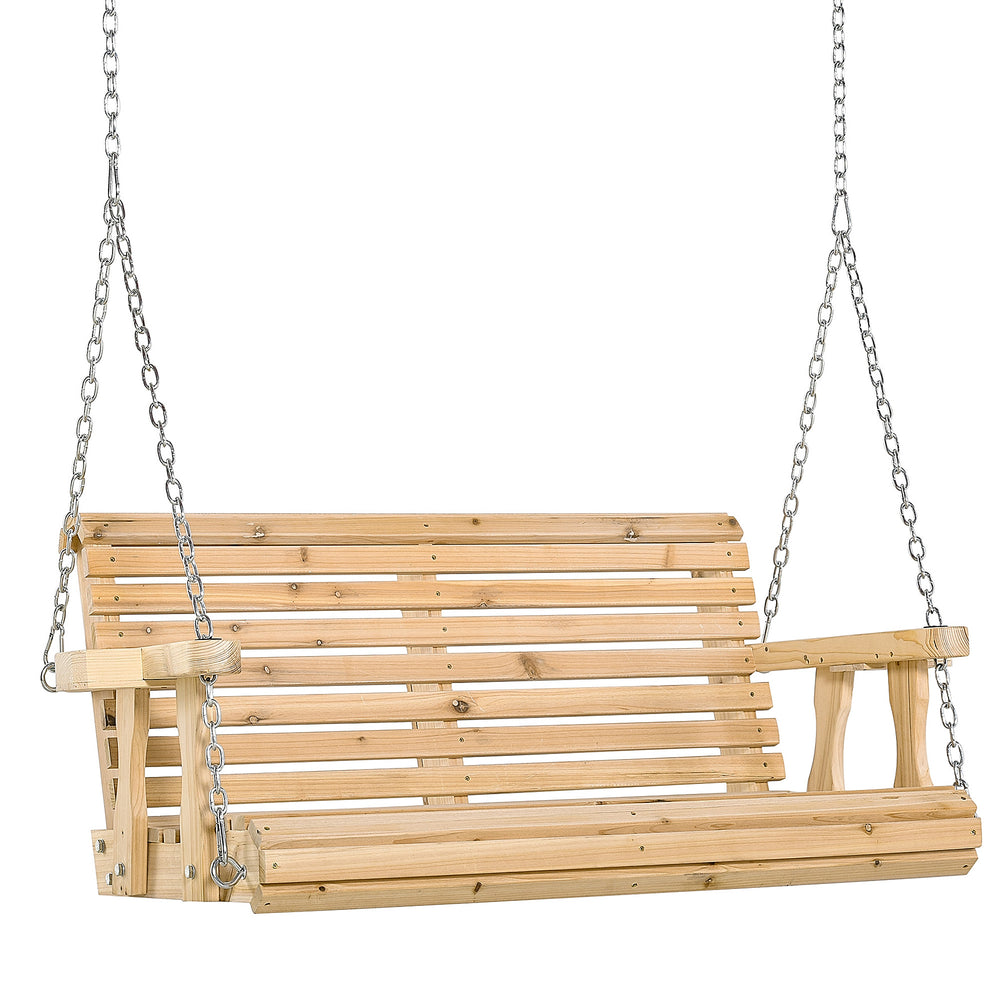 2 Seater Porch Swing Wooden Patio Swing Chair Seat with Cup Holder and Chains Outdoor Swing Bench for Garden Yard, Natural