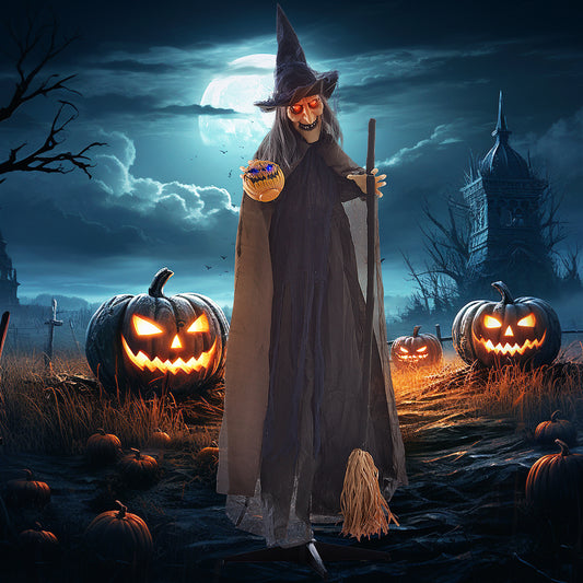 Décoration grandeur nature 6,2 pieds, Sorcière avec balai Extérieur Halloween, Son et Mouvement Activé avec Yeux Lumineux