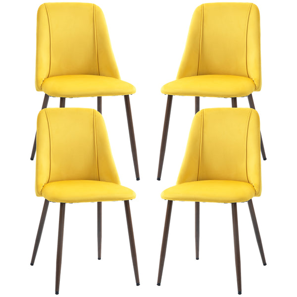 Set of 4 velvet upholstered chairs with steel backrest and legs, yellow
