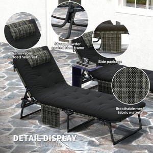 Lot de 2 chaises de bronzage avec coussin, poche latérale, appui-tête, noir