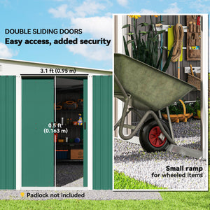 Steel garden shed with double sliding doors and 2 vents, green