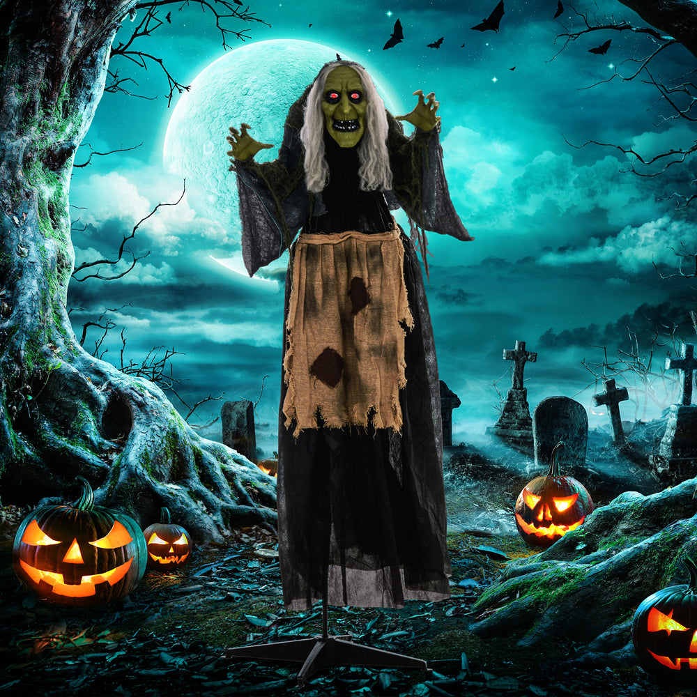 Sorcière bossue animée d’Halloween de 63 po avec yeux DEL rouges, sons et mouvements – gris et noir