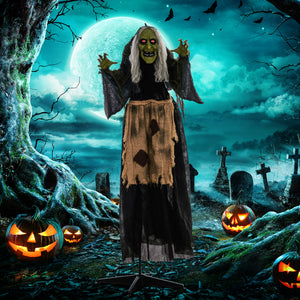 Sorcière bossue animée d’Halloween de 63 po avec yeux DEL rouges, sons et mouvements – gris et noir
