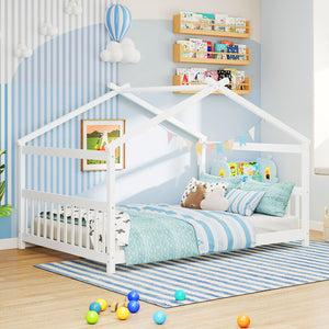 Lit maison Montessori double en bois massif avec tête de lit et sommier à lattes