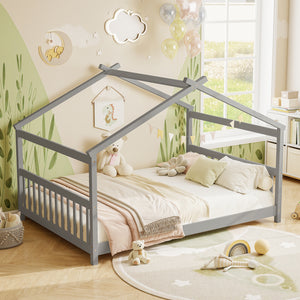 Lit maison Montessori double en bois massif avec tête de lit et sommier à lattes