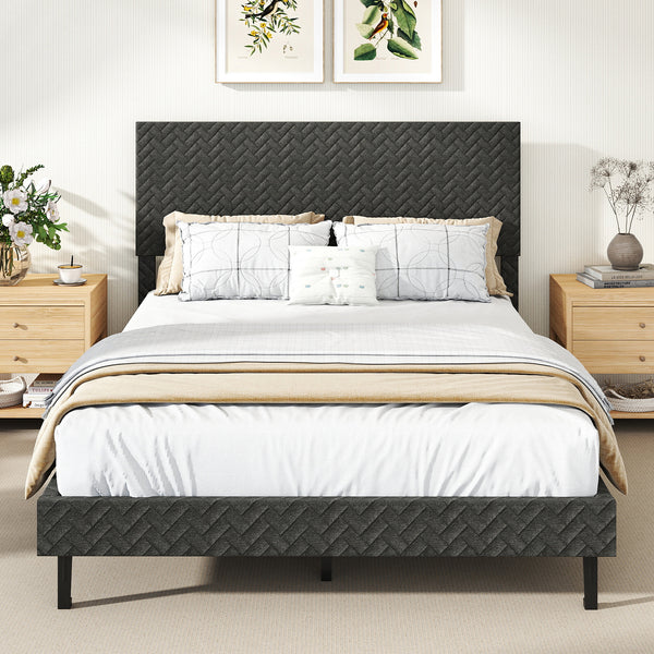 Lit plateforme en velours gris avec tête de lit à chevrons réglable