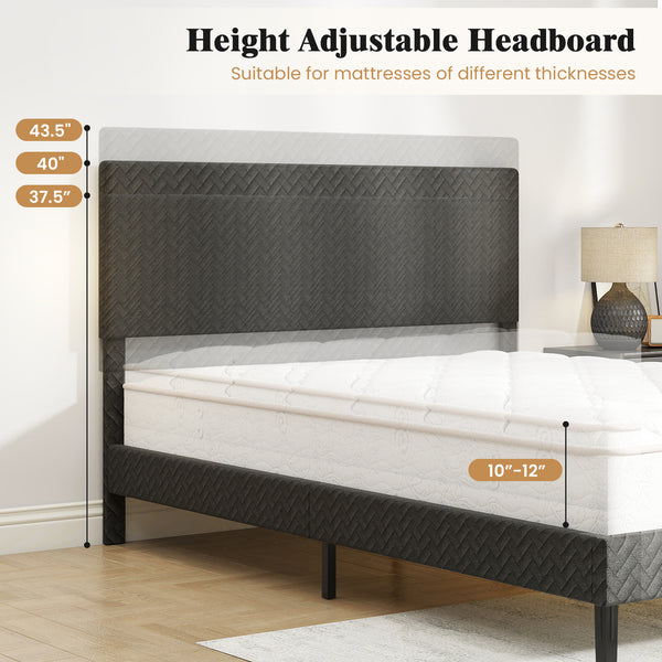 Lit plateforme en velours gris avec tête de lit à chevrons réglable