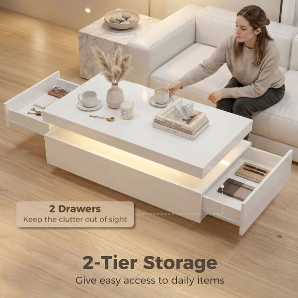 Table basse avec rangement à 2 niveaux et 2 tiroirs pour salon, blanc brillant