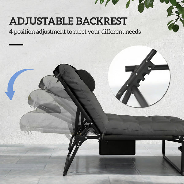 Folding Lounge Chair with 4-level Reclining Back & Cushion, Dark Grey