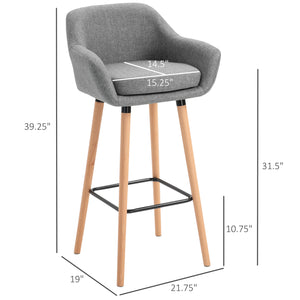 Lot de 2 tabourets de bar modernes rembourrés en tissu avec structure en métal et pieds en bois massif, Gris