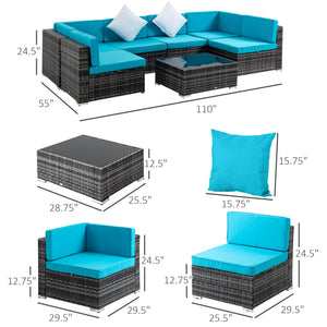 7-piece rattan furniture set with cushions and coffee table, blue