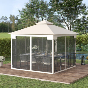 Gazebo de terrasse 10'x10' à toit souple avec toit à deux niveaux, rideaux en maille, étagères de présentation, crochets supérieurs, couleur crème