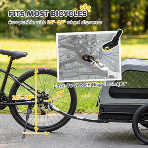 Dog bike trailer, suitable for small to medium-sized dogs up to 20 kg, with universal hitch and fold-down ramp tailgate, grey.