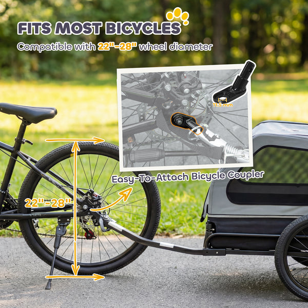 Dog bike trailer, suitable for small to medium-sized dogs up to 20 kg, with universal hitch and fold-down ramp tailgate, grey.