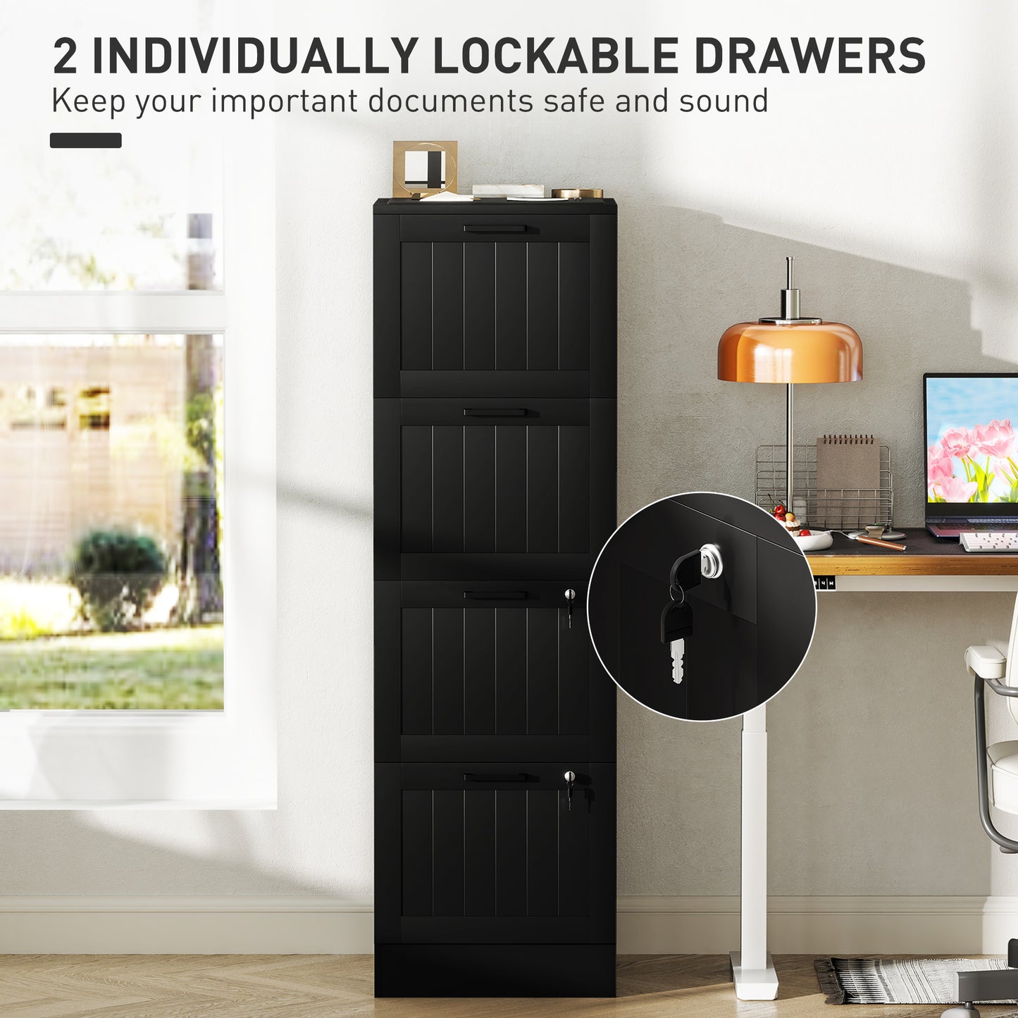 Classeur HOMCOM 4 tiroirs avec serrure, armoire de rangement de bureau avec barres de suspension réglables pour dossiers format A4, noir