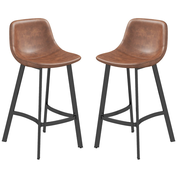 Set of 2 padded bar stools with backrest and steel legs, brown
