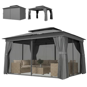 10' x 12.5' Outdoor Gazebo with Curtains and Netting, Double Roof Metal Patio Gazebo Canopy Shelter with Hook, Dark Grey