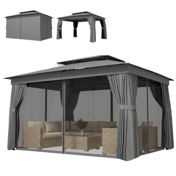 10' x 12.5' Outdoor Gazebo with Curtains and Netting, Double Roof Metal Patio Gazebo Canopy Shelter with Hook, Dark Grey