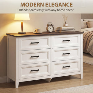 Commode large avec 6 tiroirs, commode de rangement, blanc
