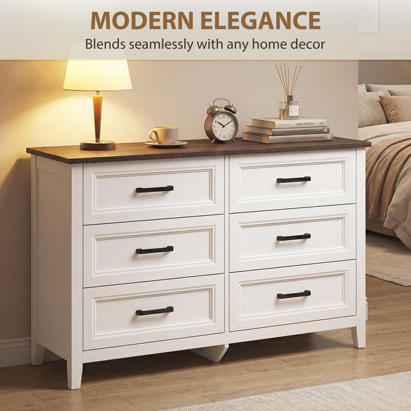 Commode large avec 6 tiroirs, commode de rangement, blanc