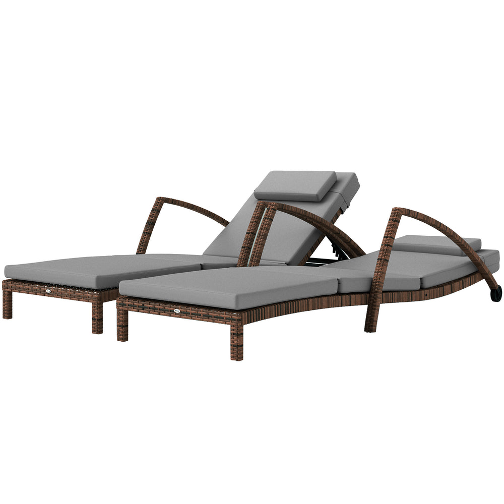 Lot de 2 chaises longues d'extérieur en osier avec dossier réglable sur 5 niveaux, roulettes, coussin et accoudoirs, gris
