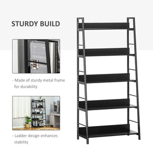 Bibliothèque moderne avec étagères larges à 5 niveaux, structure en métal, noir