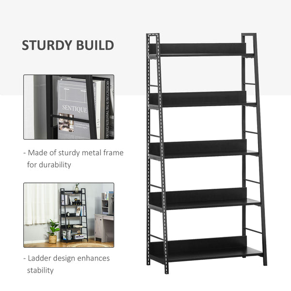 Bibliothèque moderne avec étagères larges à 5 niveaux, structure en métal, noir