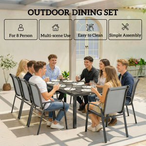 Ensemble de patio 9 pièces avec chaises empilables avec plateau en verre, gris clair