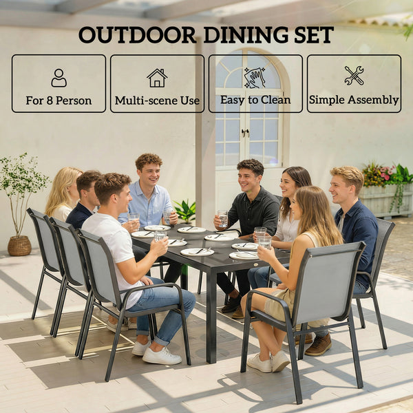 Ensemble de patio 9 pièces avec chaises empilables avec plateau en verre, gris clair