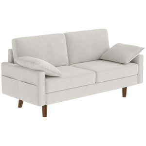 Canapé 3 places, revêtement en velours, coussins à ressorts, pieds en bois d'hévéa et 2 coussins, blanc crème