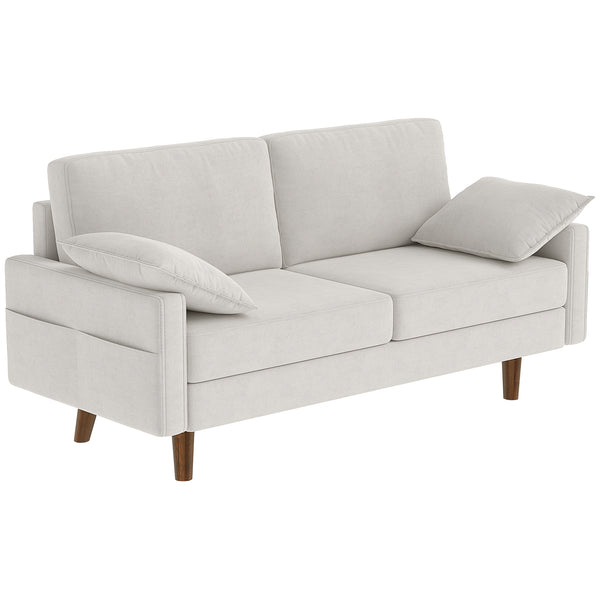 Canapé 3 places, revêtement en velours, coussins à ressorts, pieds en bois d'hévéa et 2 coussins, blanc crème