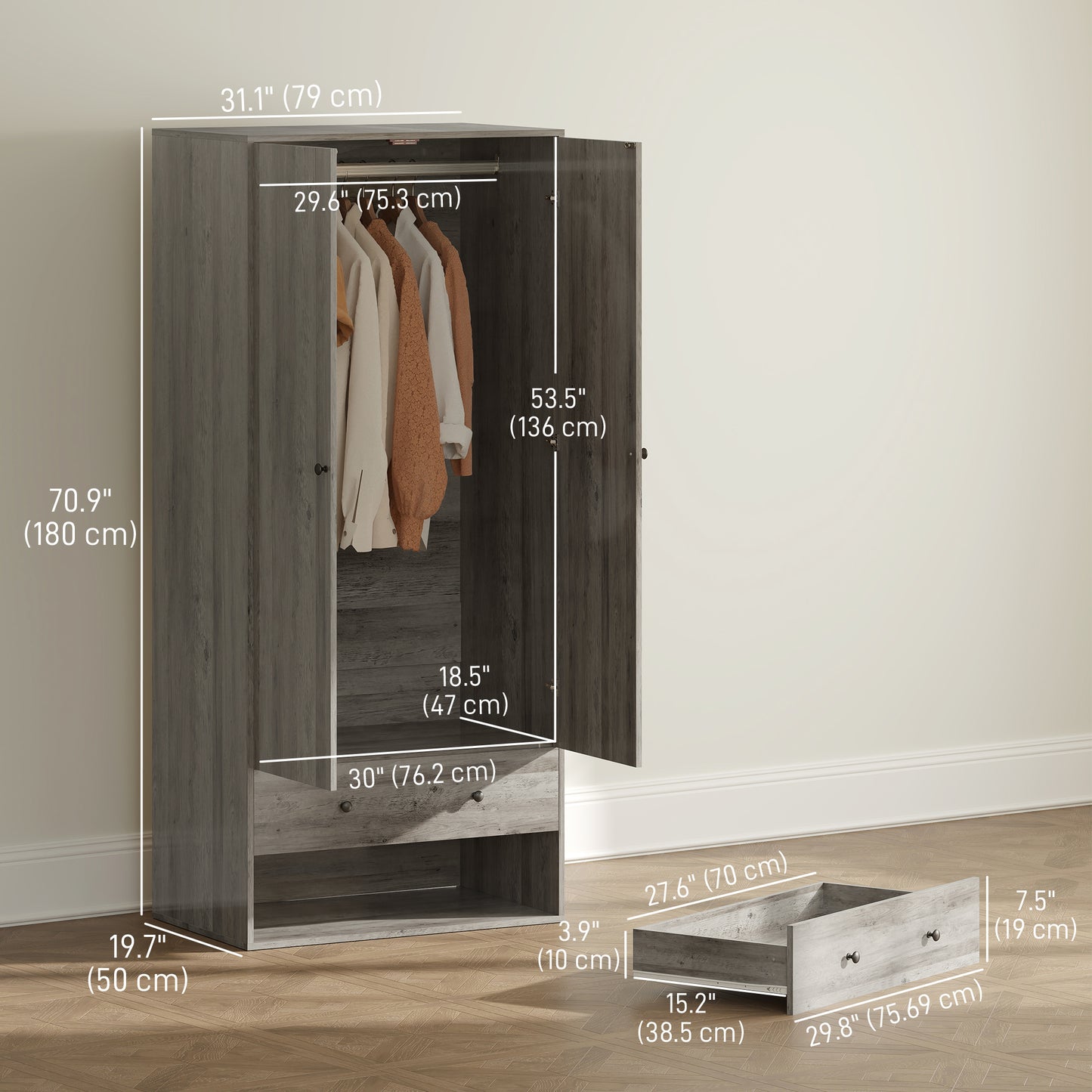 Armoire penderie moderne avec 2 tiroirs et tringle de suspension, gris